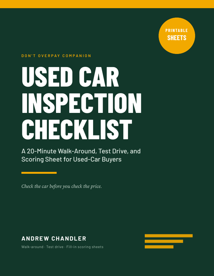 Cover of the Used Car Inspection Checklist, a printable 20-minute walk-around checklist for used car buyers