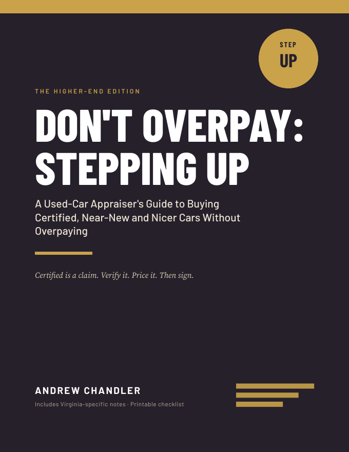 Cover of Don't Overpay: Stepping Up, a guide to buying certified and nicer used cars