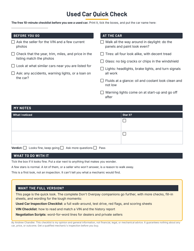 Cover of the Used Car Quick Check, a free one-page used car checklist